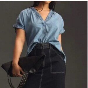 Anthropologie Pilcro The Tatum Flutter-Sleeve Henley Blouse Blue Denim-XL